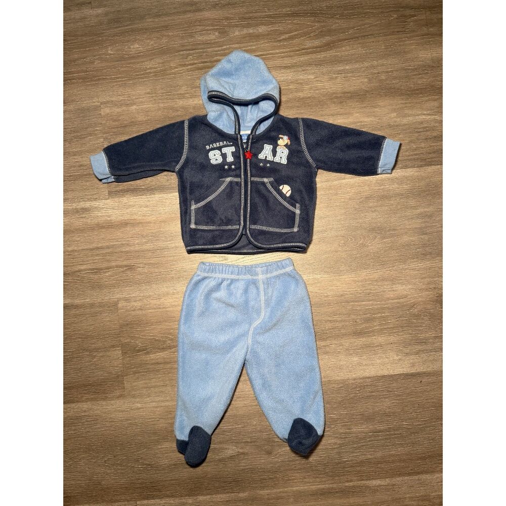 Bon Bébé Baby Fleece Hoodie & Footed Pants Set Baseball Star Navy Blue 0-3 M